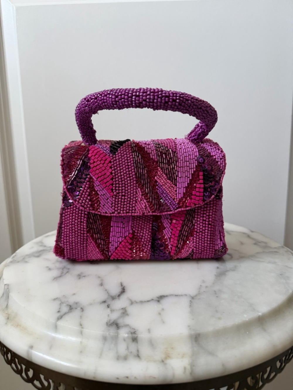 Anthropologie Pink & Magenta Beaded Mini Top-Handle Bag